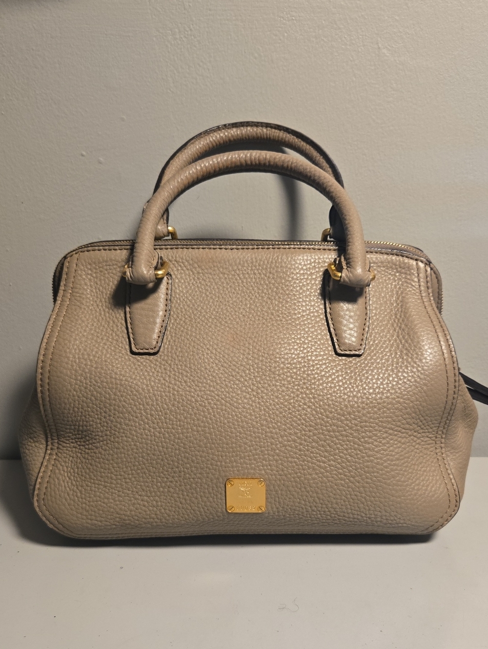MCM Pebbled Taupe Leather Satchel with Gold Plaque
